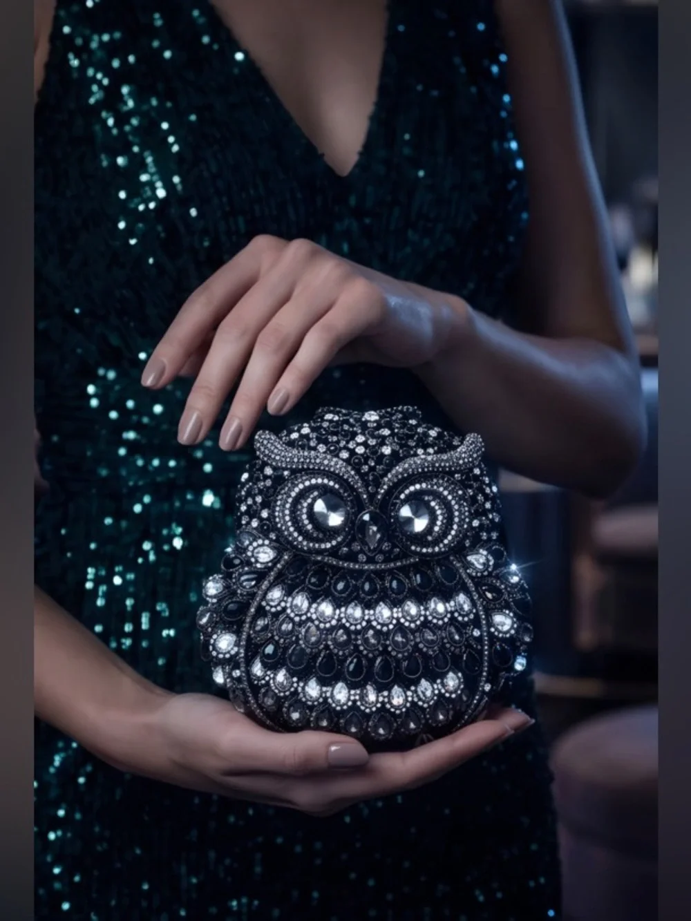 Embellished Owl Evening Clutch Bag in Clear & Black Crystals Chain Strap